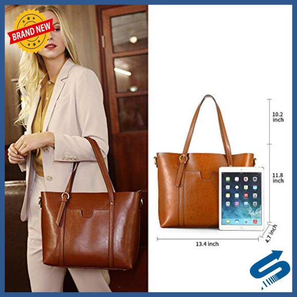 Leather Tote Bag with Cosmetic Organizer, Shoulder Handbag for Travel - Picture 2 of 7